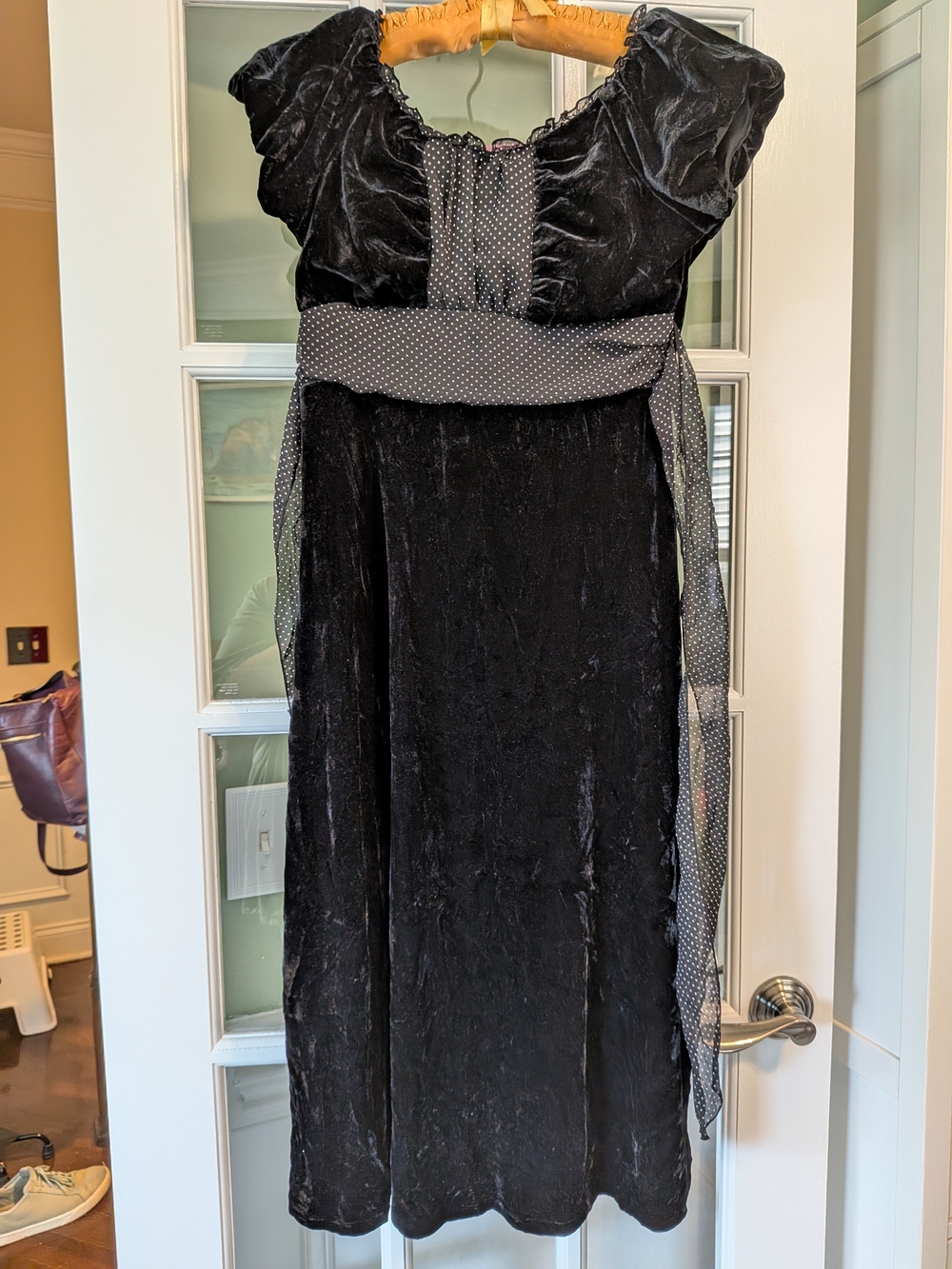 My Michelle Plush Black Velvet Midi Dress with Polka Dot Sash Cap Sleeves